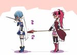  blue_hair blush cape hand_on_hip long_hair magical_girl mahou_shoujo_madoka_magica mikami_komata miki_sayaka multiple_girls poking poking_ass polearm ponytail red_hair sakura_kyouko short_hair spear sword thighhighs translated weapon yuri 