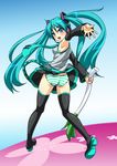  ass bad_id bad_pixiv_id blue_eyes cosplay detached_sleeves green_hair hatsune_miku hatsune_miku_(cosplay) highres hiiragi_kagami long_hair looking_back lucky_star nakki panties parody solo spring_onion striped striped_panties thighhighs twintails underwear vocaloid 