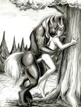  anal_penetration anthro ayame_emaya black_and_white duo equine from_behind gay greyscale hooves horse human human_on_anthro interspecies male mammal monochrome penetration penis sex size_difference tree wood 