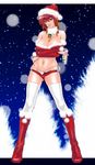  absurdres bad_id bad_pixiv_id bare_shoulders boots breasts bridal_gauntlets brown_hair christmas cleavage covered_nipples elbow_gloves gloves hat highres indoshiki large_breasts meiko midriff navel open_fly panties santa_costume santa_hat short_hair short_shorts shorts side-tie_panties smile solo thighhighs tongue underwear unzipped vocaloid yellow_eyes 