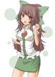  adapted_costume alcohol_(coldfront) bad_id bad_pixiv_id blush bow brown_hair green_bow hair_bow long_hair looking_at_viewer miniskirt open_mouth ponytail red_eyes reiuji_utsuho skirt smile solo third_eye touhou 