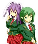  alternate_costume animal_ears blue_eyes bunny_ears green_hair multiple_girls narokichi purple_hair red_eyes reisen_udongein_inaba school_uniform shiki_eiki smile touhou 