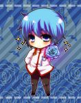  aiguillette arm_behind_back blue_eyes blue_flower blue_hair blue_rose blush chibi flower full_body garuko kaoru_miki male_focus pants rose shoujo_kakumei_utena smile solo sparkle uniform 