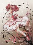  bare_tree bow bubble_skirt choker cross-laced_footwear dress frills gloves hair_bow hand_on_own_chest kaname_madoka kneehighs looking_at_viewer magical_girl mahou_shoujo_madoka_magica orange_eyes pink_hair puffy_sleeves red_choker red_eyes shoes short_hair short_twintails skirt solo tears tree tsukii twintails white_gloves white_legwear 
