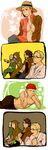  4boys 4koma ahoge arcade_gannon beret blush comic courier_(fallout_new_vegas) craig_boone facial_hair fallout fallout_new_vegas gaijin_4koma glasses gloves hat highres hood jewelry jumpsuit labcoat multiple_boys multiple_girls mustache necklace no_bra open_clothes open_shirt parody raul_tejada red_hair robe rose_of_sharon_cassidy scar shirt shirtless topless veronica_santangelo 