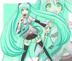 bad_id bad_pixiv_id detached_sleeves green_eyes green_hair gudon_(iukhzl) hatsune_miku highres long_hair microphone microphone_stand navel necktie skirt solo spring_onion themed_object thighhighs twintails very_long_hair vocaloid zoom_layer 