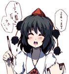  ^_^ black_hair blush closed_eyes hat notebook open_mouth paprika_(artist) pen shameimaru_aya short_hair smile solo tokin_hat touhou translated upper_body 