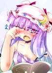 alternate_costume bare_shoulders bespectacled blush book crescent glasses hat highres long_hair narumiya one_eye_closed open_mouth patchouli_knowledge purple_eyes purple_hair solo strap_slip touhou upper_body yawning 