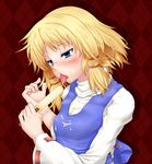  ao_banana bad_id bad_pixiv_id blonde_hair blue_eyes blush food highres moriya_suwako popsicle sexually_suggestive short_hair solo touhou 