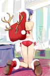  antlers ass bikini blue_hair boots christmas copyright_request from_behind hat jiyu2 kneeling looking_back red_bikini reindeer_antlers sack santa_costume santa_hat short_hair side-tie_bikini solo swimsuit 