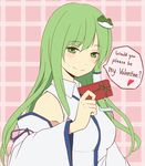  detached_sleeves english face gift green_eyes green_hair hands heart highres holding holding_gift kawashina_(momen_silicon) kochiya_sanae long_hair smile solo speech_bubble spoken_heart touhou upper_body valentine 