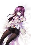  absurdres arms_crossed blue_eyes crossed_arms highres jacket long_hair makise_kurisu necktie open_clothes open_jacket pantyhose purple_hair shirt solo steins;gate tie white_shirt 