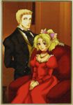  blonde_hair chair choker couple dissidia_final_fantasy dress female final_fantasy final_fantasy_vi final_fantasy_xii formal gabranth green_eyes jacket jewelry judge_gabranth long_hair male necklace necktie nobu_(artist) ponytail purple_eyes short_hair sitting tina_branford vest 