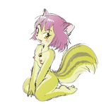  cute female fur hair kneeling looking_at_viewer mammal nipples plain_background pukao purple_hair rodent sitting solo squirrel tail white_background yellow yellow_fur 