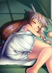  barefoot bloomers blush bow brown_eyes chain cuffs hair_bow hair_ornament horn_ribbon horns ibuki_suika kachiwarigoori long_hair lying md5_mismatch on_floor on_side open_mouth orange_hair ponytail ribbon shirt sleeveless sleeveless_shirt solo tatami touhou underwear wrist_cuffs 