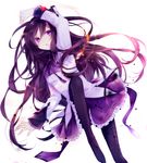  :o akemi_homura argyle argyle_legwear arm_up black_legwear frills gathers gem glowing hairband ibara_riato long_hair magical_girl mahou_shoujo_madoka_magica open_mouth pantyhose purple_eyes purple_hair purple_skirt ribbon skirt solo 