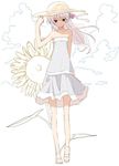  1girl arm arm_behind_back bare_shoulders child cloud clouds darker_than_black dress female flower hair_ribbon hand_behind_back hat holding legs loli long_hair purple_eyes ribbon sandals serious silver_hair smile solo strapless strapless_dress sundress sunflower wind windy yin 