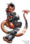  2000 big_butt black_hair breasts butt dragon ear_piercing fang female ferris hair high_heels horns huge_breasts hyper hyper_breasts leather long_hair looking_at_viewer orange pathia piercing red scalie sitting skintight solo spade_tail tail thong voluptuous white_background 