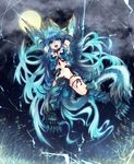  armor arms_up bikini_armor blue_eyes blue_hair breasts claws dragon_girl full_moon grass highres jumping long_hair mamuru monster_girl monster_hunter monster_hunter_portable_3rd moon night night_sky open_mouth original personification sky small_breasts solo tail very_long_hair zinogre 