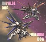  clenched_hand freedom_gundam fusion gun gundam gundam_seed gundam_seed_destiny highres impulse_gundam machine_gun mecha no_humans scopedog snip soukou_kihei_votoms space text_focus weapon 