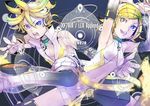  1girl aqua_eyes arm_warmers armpits arms_up bare_shoulders blonde_hair blush brother_and_sister detached_sleeves fingerless_gloves gloves hair_ornament hair_ribbon hairclip headphones highres kagamine_len kagamine_len_(append) kagamine_rin kagamine_rin_(append) leg_warmers navel open_mouth ponytail popped_collar ribbon short_hair shorts siblings smile stregoicavar thighhighs twins vocaloid vocaloid_append 