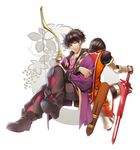  back-to-back bad_id bad_pixiv_id black_hair bow_(weapon) green_eyes kuren male_focus multiple_boys ponytail raven_(tales) schwann_oltorain sitting spoilers surcoat sword tales_of_(series) tales_of_vesperia weapon white_background 