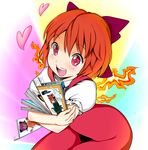  achi_cirno alternate_color alternate_element bad_id bad_pixiv_id bow cirno face fiery_wings fire hair_bow heart manga_(object) red_eyes red_hair reri short_hair smile solo touhou wings 