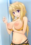  areolae bare_shoulders between_breasts big_wednesday bikini blonde_hair blush breasts breasts_outside charlotte_dunois groin hand_between_breasts infinite_stratos inverted_nipples large_areolae large_breasts long_hair midriff navel nipples open_mouth ponytail purple_eyes shiny shiny_skin solo swimsuit 