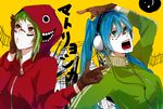  aqua_eyes aqua_hair bad_id bad_pixiv_id dine green_eyes green_hair gumi hatsune_miku headphones hood hoodie long_hair matryoshka_(vocaloid) multicolored multicolored_eyes multiple_girls red_eyes short_hair vocaloid yellow_eyes 