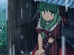  blue_eyes bow dress front_ponytail green_hair hair_bow kagiyama_hina long_hair rain sitting solo takuzui touhou 