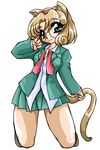  animal_ears bad_id bad_pixiv_id brown_hair cat_ears cat_tail full_body glasses green_eyes green_shirt green_skirt hairband hououji_fuu kneeling looking_at_viewer magic_knight_rayearth necktie okuri_ookami red_hairband round_eyewear school_uniform shirt short_hair simple_background skirt smile solo tail white_background 