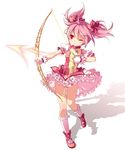  arrow bow_(weapon) bubble_skirt chiyingzai full_body gloves kaname_madoka magical_girl mahou_shoujo_madoka_magica one_eye_closed pink_hair red_eyes shadow shoes short_hair simple_background skirt solo weapon white_gloves 