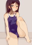  barefoot blue_eyes breasts brown_hair cameltoe competition_school_swimsuit feet highres lips long_hair mole mole_on_thigh mole_under_mouth one-piece_swimsuit original school_swimsuit small_breasts solo swimsuit tarayama 