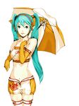  aqua_eyes aqua_hair bare_shoulders elbow_gloves gloves goodsmile_company goodsmile_racing hatsune_miku highres long_hair midriff navel race_queen racing_miku racing_miku_(2010) shorts shu_(shya) simple_background solo twintails umbrella vocaloid 