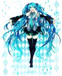  aqua_eyes aqua_hair argyle argyle_background bad_id bad_pixiv_id black_legwear buzz detached_sleeves hatsune_miku long_hair necktie open_mouth outstretched_arms skirt smile solo spread_arms thighhighs twintails very_long_hair vocaloid zettai_ryouiki 