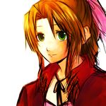  aerith_gainsborough bad_id bad_pixiv_id bow braid brown_hair choker cropped_jacket final_fantasy final_fantasy_vii green_eyes hair_ribbon long_hair lowres pink_bow ponytail ribbon sasaki_ryou simple_background single_braid solo 