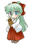  alternate_hairstyle blush chibi einhart_stratos hair_ribbon heterochromia japanese_clothes kuromitu_(kageneko) long_hair lyrical_nanoha mahou_shoujo_lyrical_nanoha_vivid miko omikuji ponytail ribbon solo 