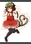  animal_ears black_legwear brown_eyes brown_hair cat_ears cat_tail chen earrings hat heart heart_tail jewelry loafers masa_nori multiple_tails shoes short_hair solo tail thighhighs touhou 