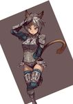  adjusting_hair animal_ears armor bad_id bad_pixiv_id cat_ears final_fantasy final_fantasy_xi gauntlets gloves highres mithra salute solo standing standing_on_one_leg suzuno_(bookshelf) tail thighhighs 