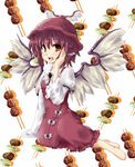  animal_ears blush brochette brooch brown_eyes dress earrings food hat highres jewelry mystia_lorelei nagatsuki_aoi open_mouth pink_hair short_hair solo tears touhou wings 