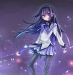  akemi_homura black_hairband blue_eyes blue_hair hairband long_hair mahou_shoujo_madoka_magica pantyhose purple_skirt rai_(rai-s) skirt solo very_long_hair wind 