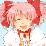  ^_^ bad_id bad_pixiv_id bow choker closed_eyes face gem hair_bow jewelry kaname_madoka magical_girl mahou_shoujo_madoka_magica pendant pink_hair puffy_sleeves red_choker short_twintails simple_background smile solo sooya sparkle twintails 