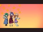  :3 =_= blonde_hair blue_hair blush_stickers detached_sleeves dress green_hair hand_on_hip hat kneehighs kochiya_sanae kodomo_no_jikan leaf maple_leaf moriya_suwako multiple_girls o_o open_mouth parody sandals smile tdk the_monkey touhou waving wavy_arms yasaka_kanako |_| 