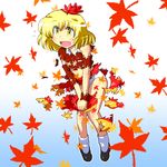  aki_shizuha blonde_hair blush chibi dissolving_clothes gomi_ichigo hair_ornament highres leaf leaf_hair_ornament leaf_on_head maple_leaf midriff open_mouth panties solo touhou underwear v_arms wardrobe_malfunction white_panties yellow_eyes 