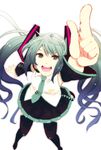  detached_sleeves foreshortening from_above green_eyes green_hair hatsune_miku headset highres koike_(coikekke) long_hair necktie open_mouth pointing simple_background skirt solo thighhighs twintails very_long_hair vocaloid 