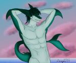  absurd_res anthro cloud dragon171 fish hi_res male marine muscular sea shark solo stretching traditional_media_(artwork) water 