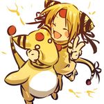  ampharos blonde_hair blush_stickers bow cheek_press closed_eyes dress electricity gen_2_pokemon hitec moemon o_o open_mouth personification pokemon pokemon_(creature) tail tail_bow thighhighs v 