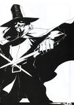  black_hair cloak dual_wielding greyscale guy_fawkes_mask hat highres holding long_hair male_focus mask miwa_shirou monochrome solo sword v_(v_for_vendetta) v_for_vendetta weapon 