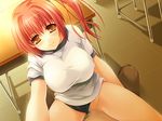  1boy 1girl breasts buruma busty censored game_cg girl_on_top indoors large_breasts long_hair penis pussy red_hair sex smile thighs 