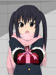  :o black_hair blush bow checkered coat embarrassed fur_trim gift gloves holding holding_gift incoming_gift k-on! long_hair looking_at_viewer muta_(munimuni) nakano_azusa open_mouth orange_eyes outstretched_arms ribbon scarf solo twintails upper_body 